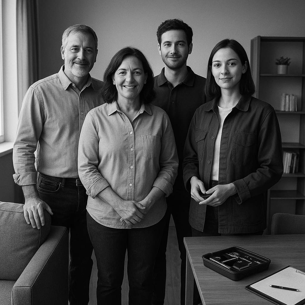 Freundliches Team eines familiengeführten Montageservice in einer ordentlichen Wohnung